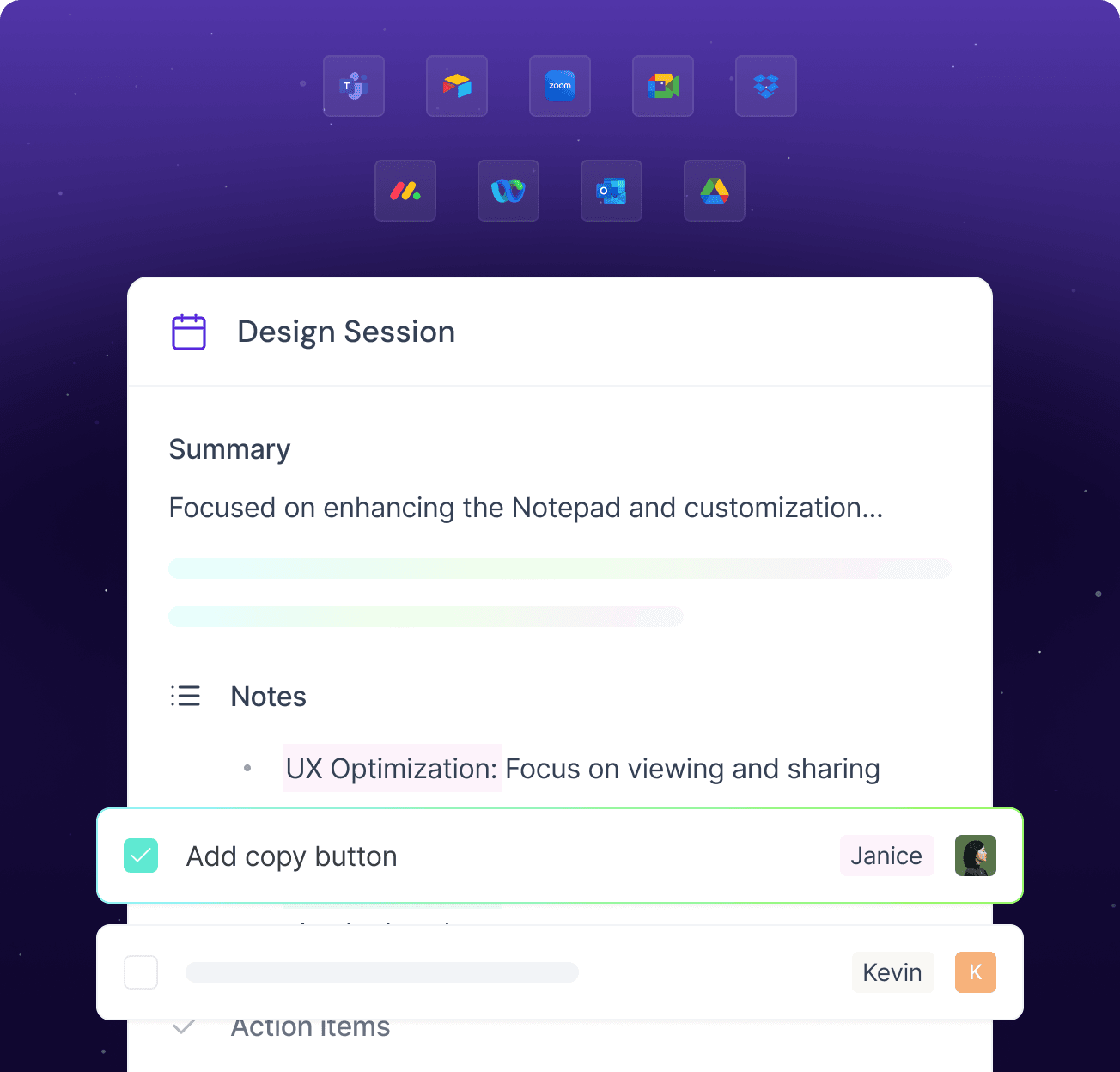 Fireflies.ai integrations interface displaying various app connections for enhanced meeting transcription and workflow automation