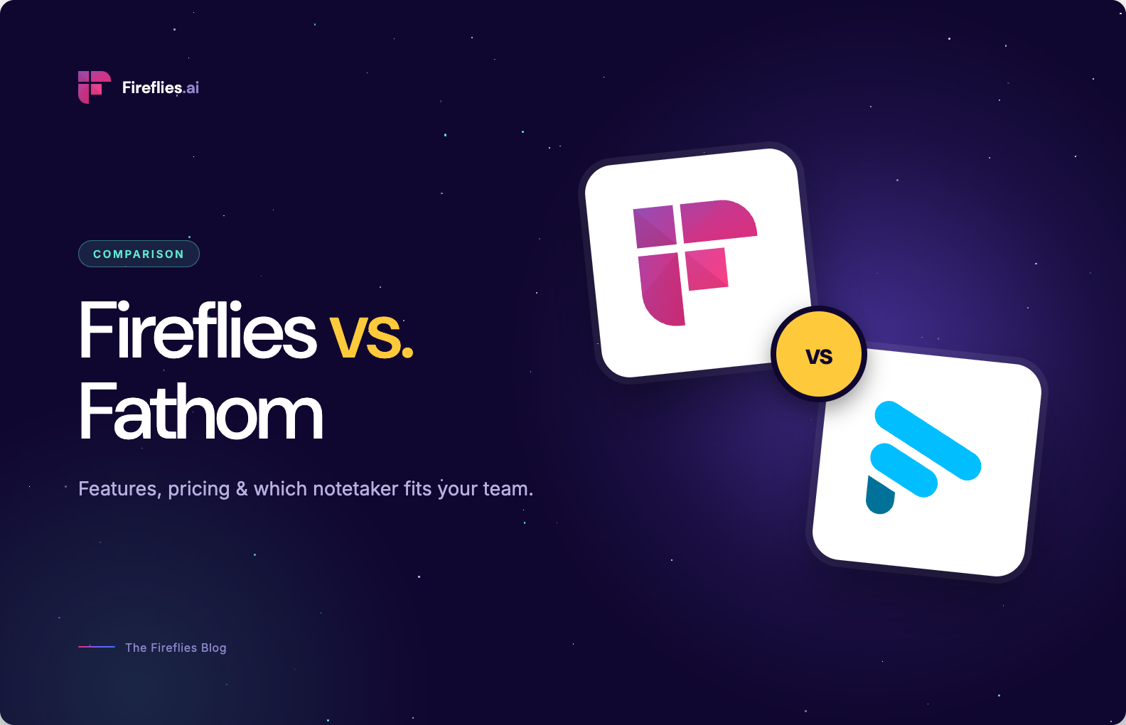 Official Fireflies comparison card reading Fireflies vs Fathom with both app logos joined by a vs badge on a dark purple background