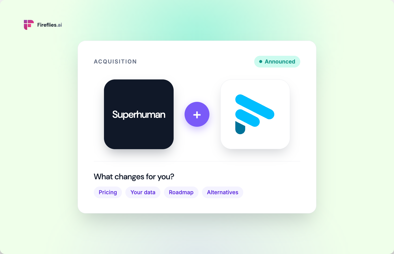 Official Fireflies blog card showing a Superhuman logo plus a Fathom logo under the label Acquisition Announced and the question What changes for you