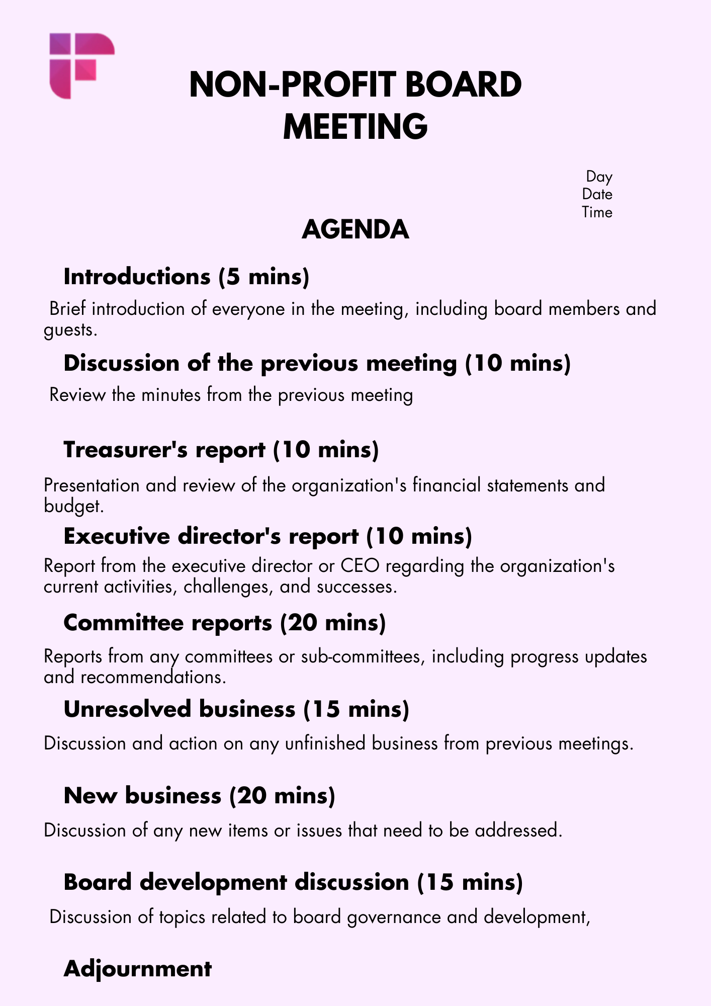 Meeting Agenda Template   Non Profit Board Meeting Agenda Template 