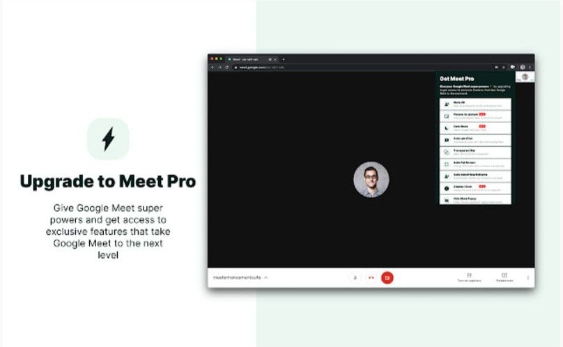 enhancement studio extension for google meet comes packed with a dozens of features like dark mode, DND, and much more.