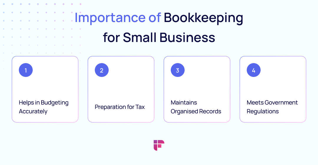 importance of bookkeeping for small businesses: helps in budgeting, tax preparation, organizing records, etc 