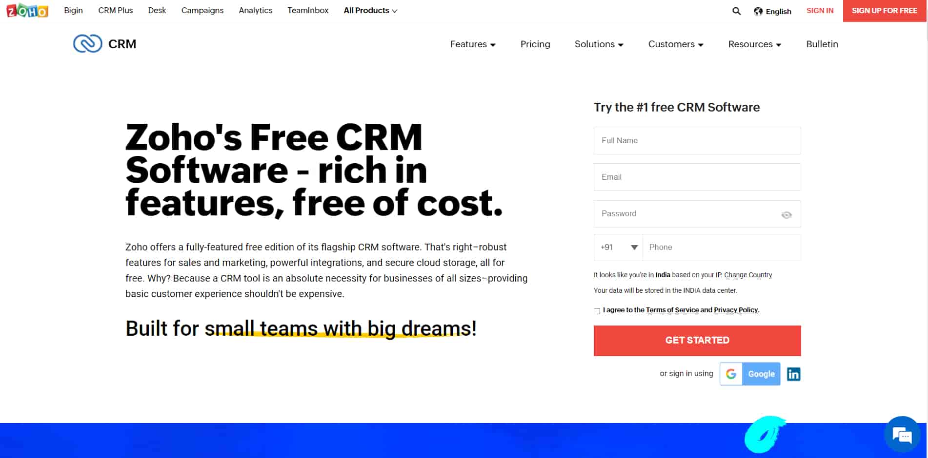 Zoho CRM is best CRM for small business that need personalized modules