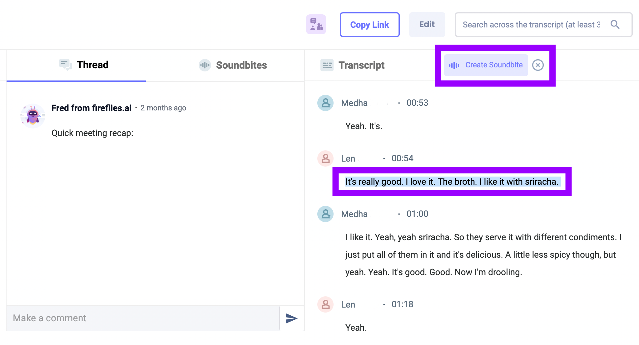 how to create Fireflies sound bites highlight automated transcript