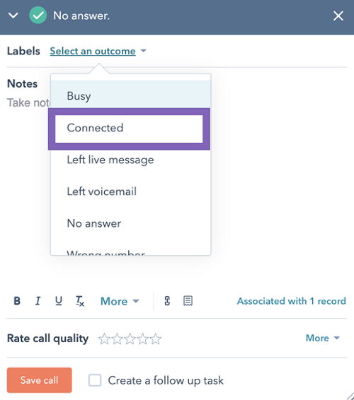 HubSpot Dialer Labels outcome