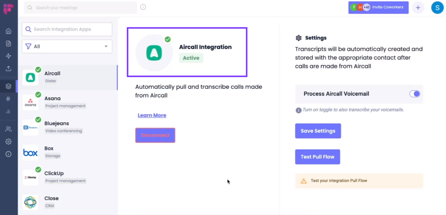 Fireflies Aircall integration active