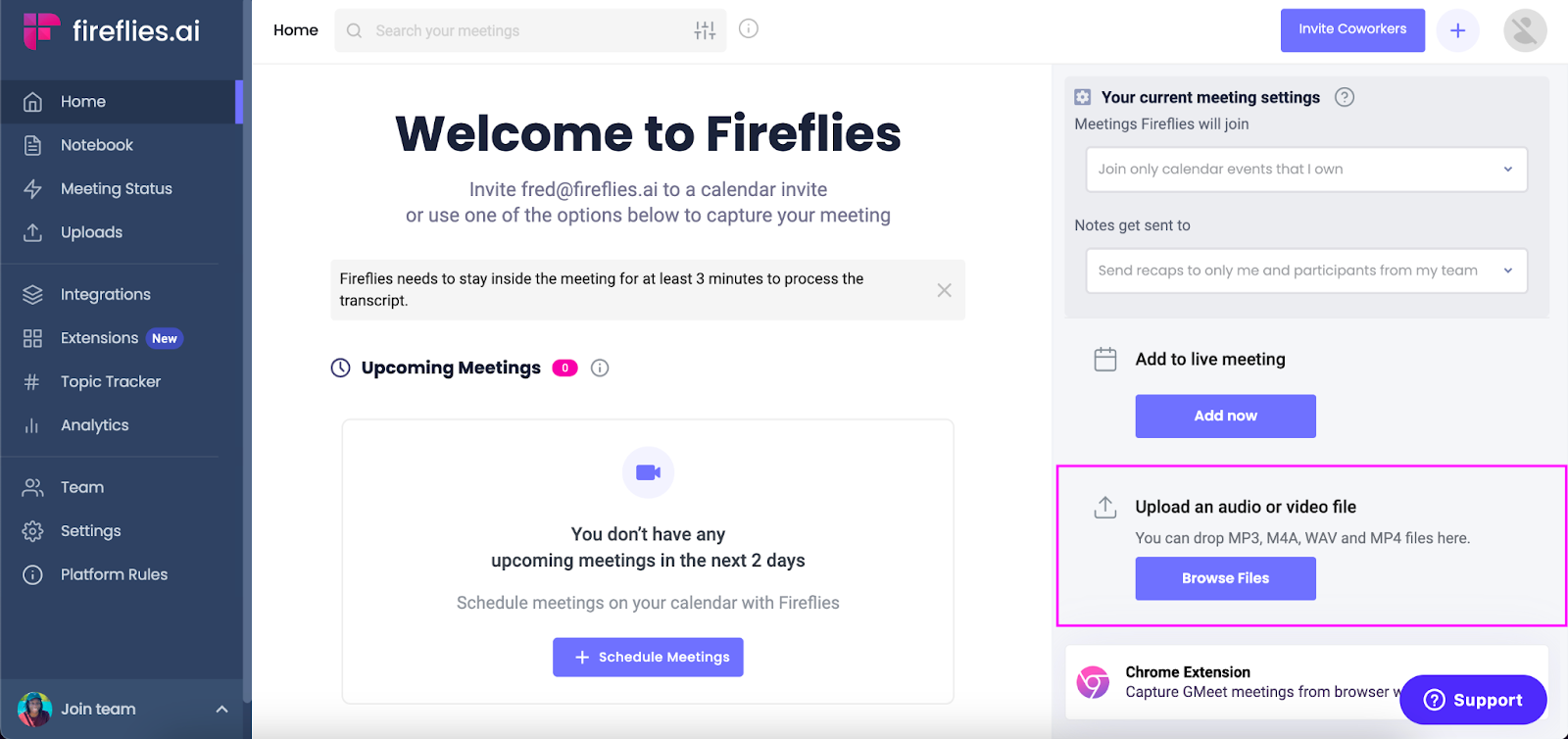 Google meet transcription - Upload files to Fireflies