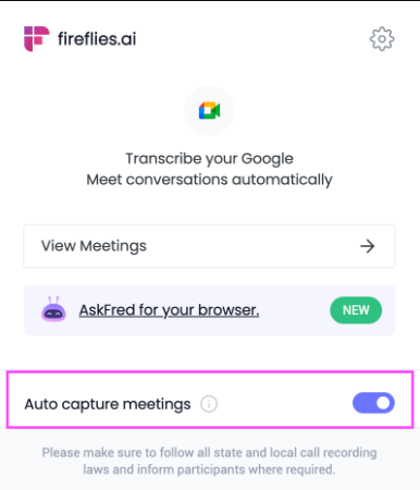 Google meet transcription - Fireflies auto capture meetings setting
