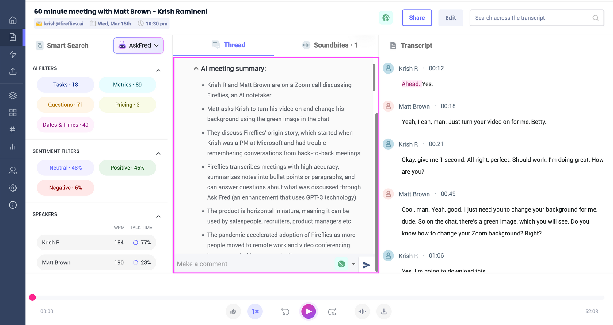 Podcast transcript generator tools - Fireflies AI Meeting Summary