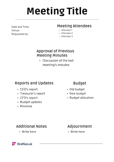 Finance/admin meeting minutes template
