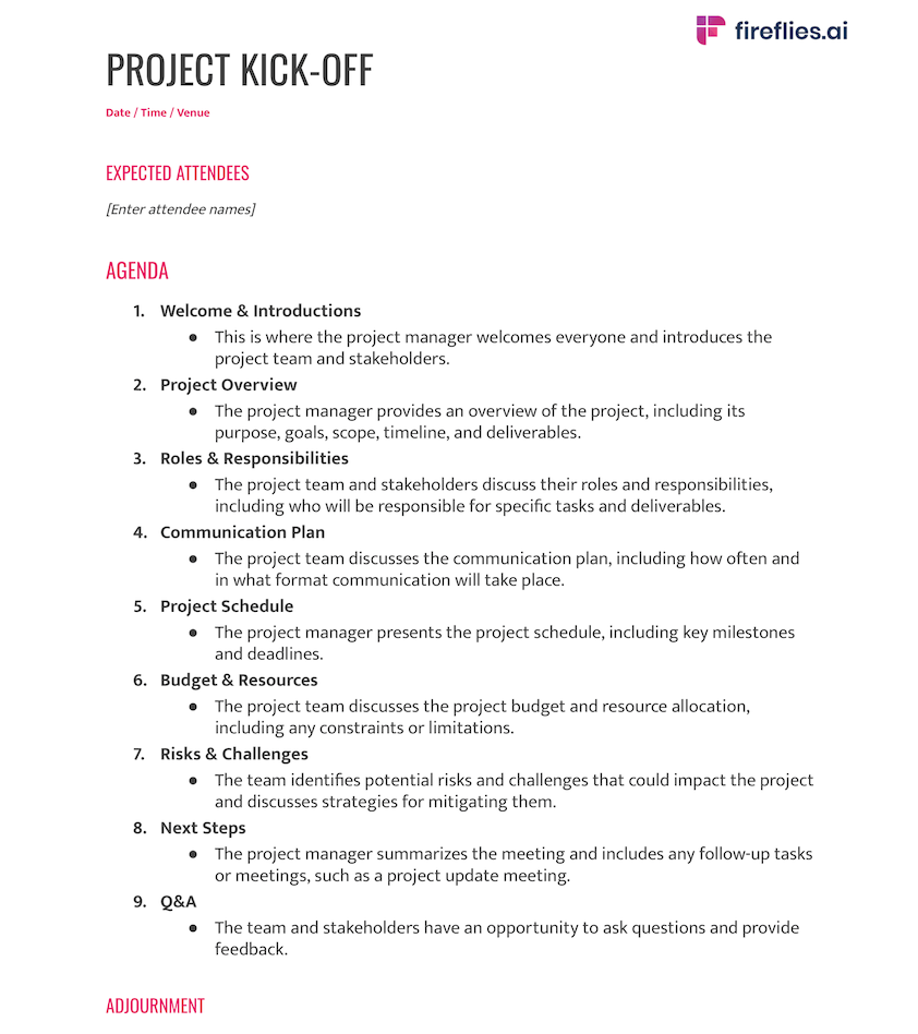 Project kick-off free agenda template