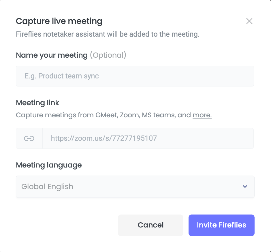 Zoom transcription - Invite Fireflies to live meeting