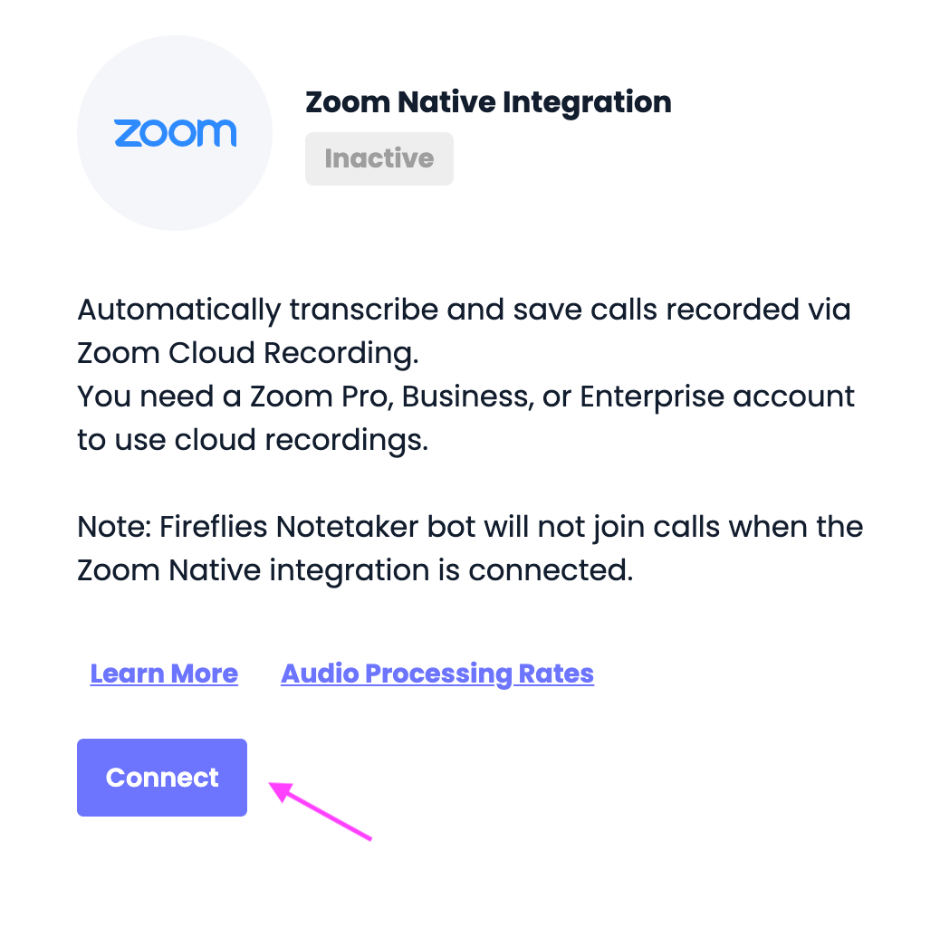 Zoom transcription - Connect Zoom Native integration