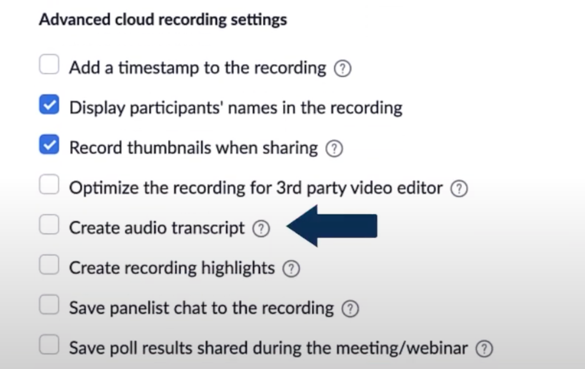 Zoom transcription - Check create audio transcript