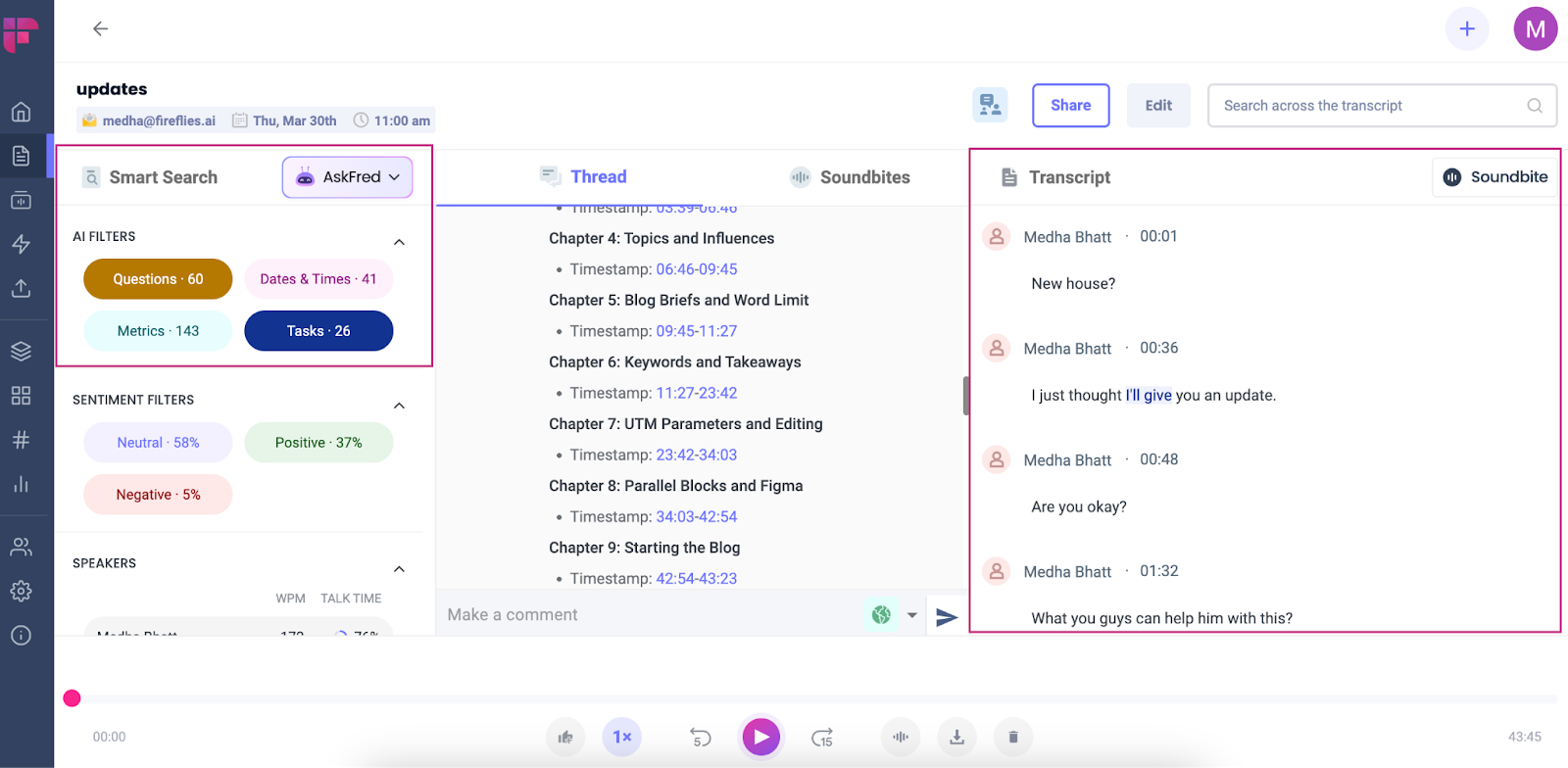 Zoom transcription - Filter questions and tasks