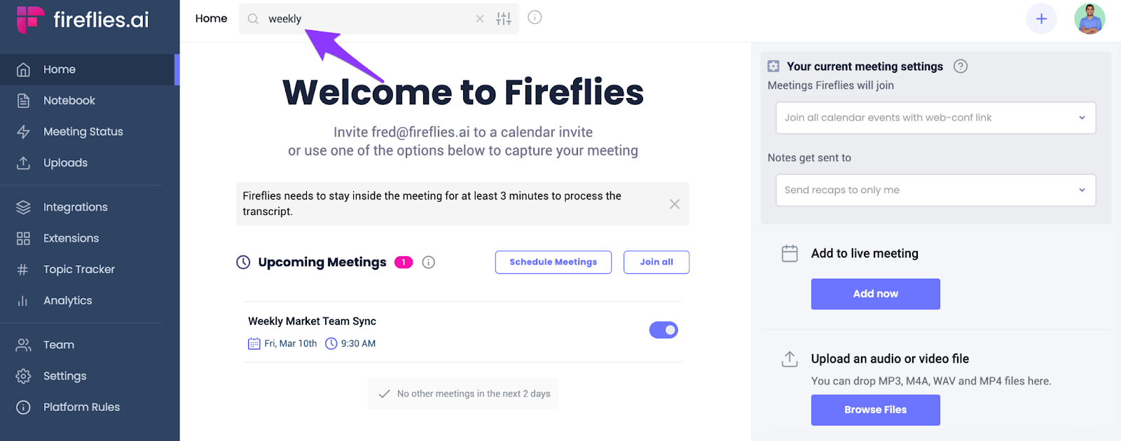 Easily search different types of interviews with Fireflies