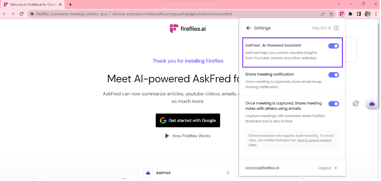 AskFred for Web enabled by default to create AI youtube summary