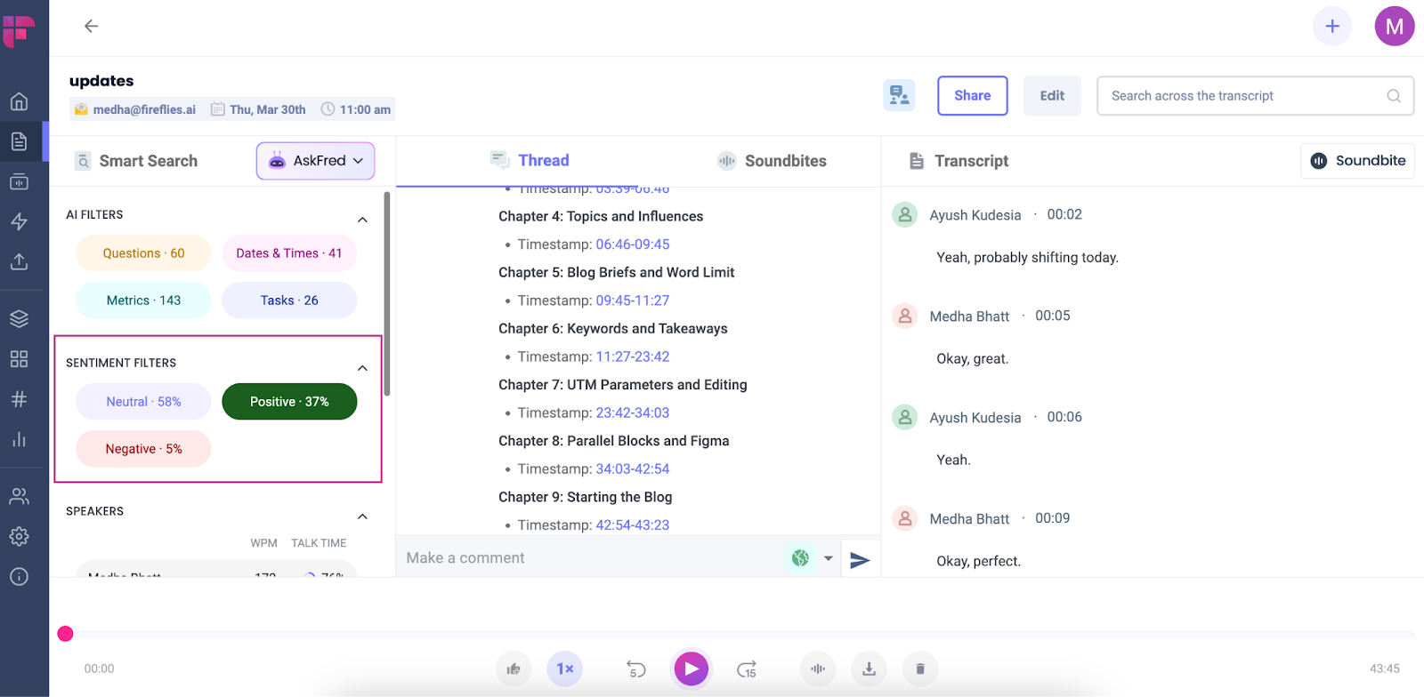 Zoom transcription - Sentiment filters