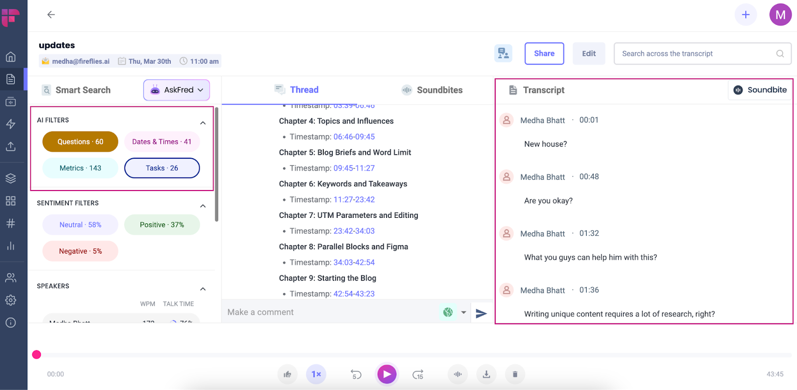 Zoom transcription - Filtering questions in Smart Search