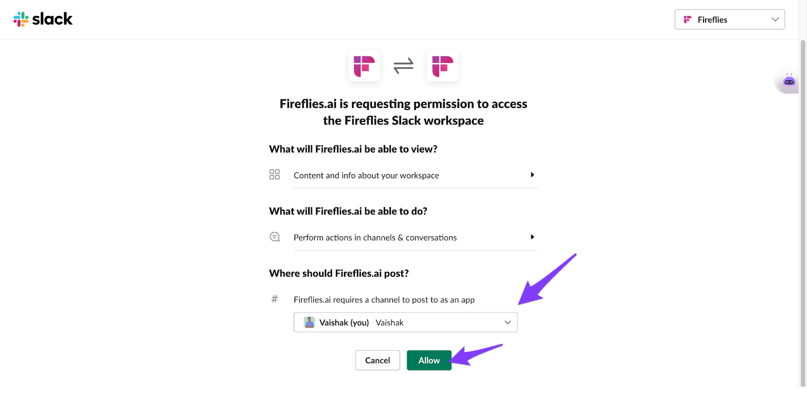 Fireflies-Slack-Integration-Allow Permission