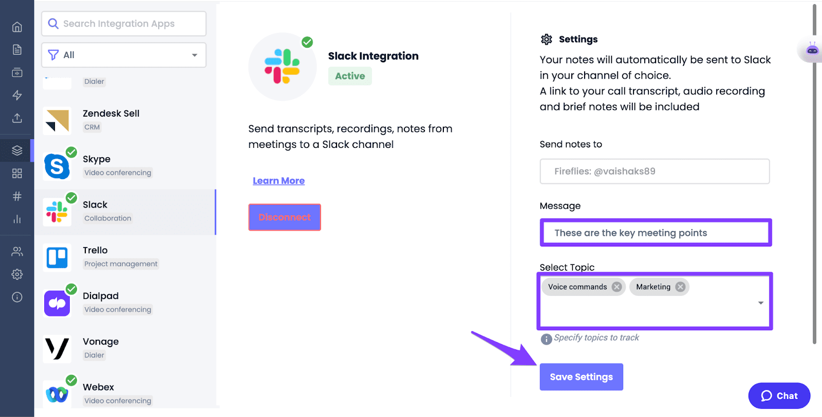 Fireflies-Slack-Integration - Save Settings