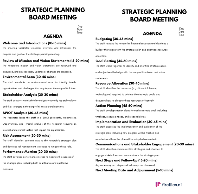 Quarterly Planning Meeting Template, Meeting Agenda