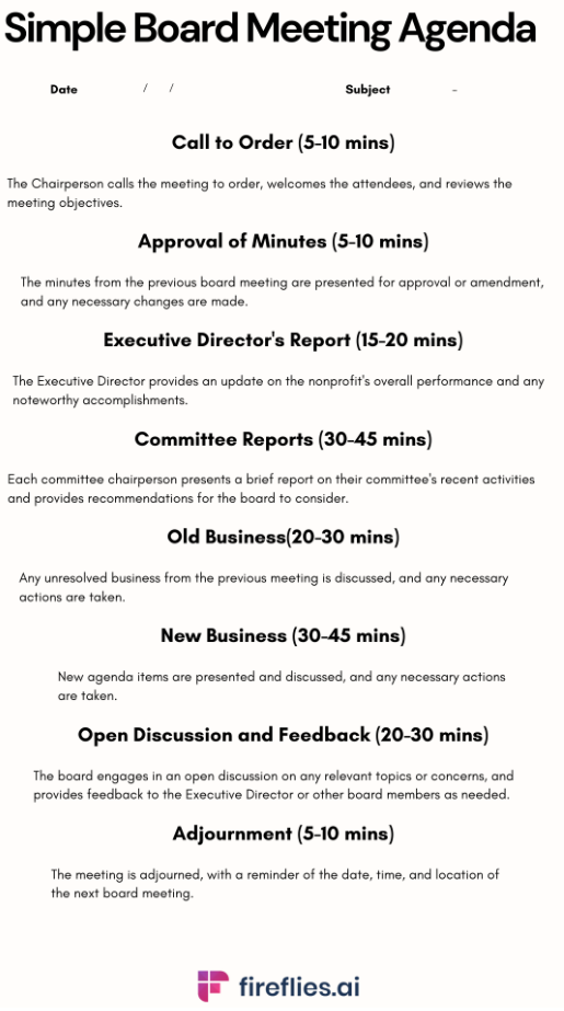Simple board meeting agenda template