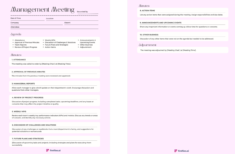 Management meeting corporate minutes template