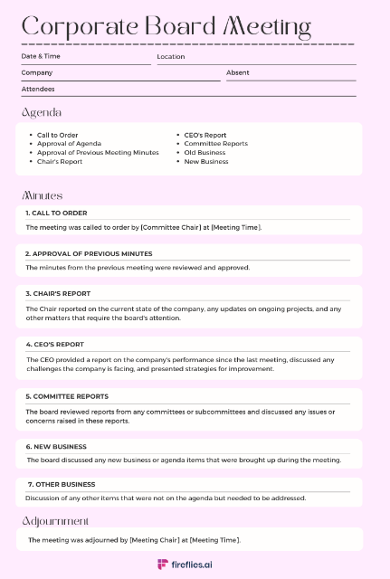 Board meeting corporate minutes template