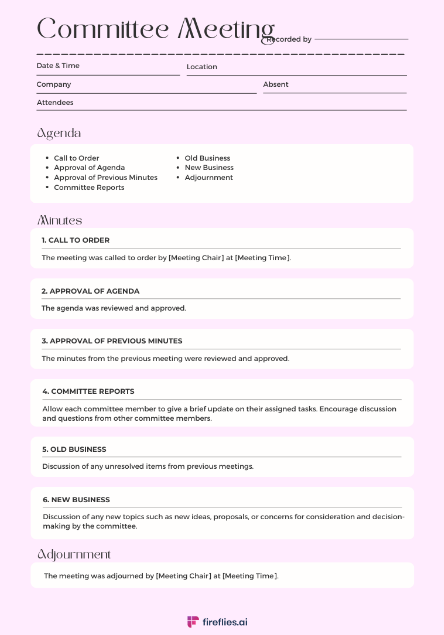 Committee meeting corporate minutes template