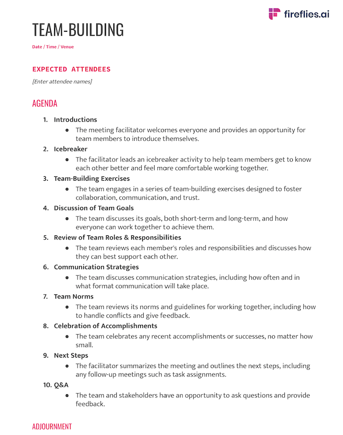 Team building free agenda template