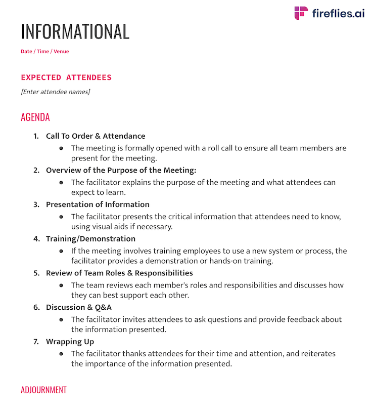 Informational meeting agenda free template