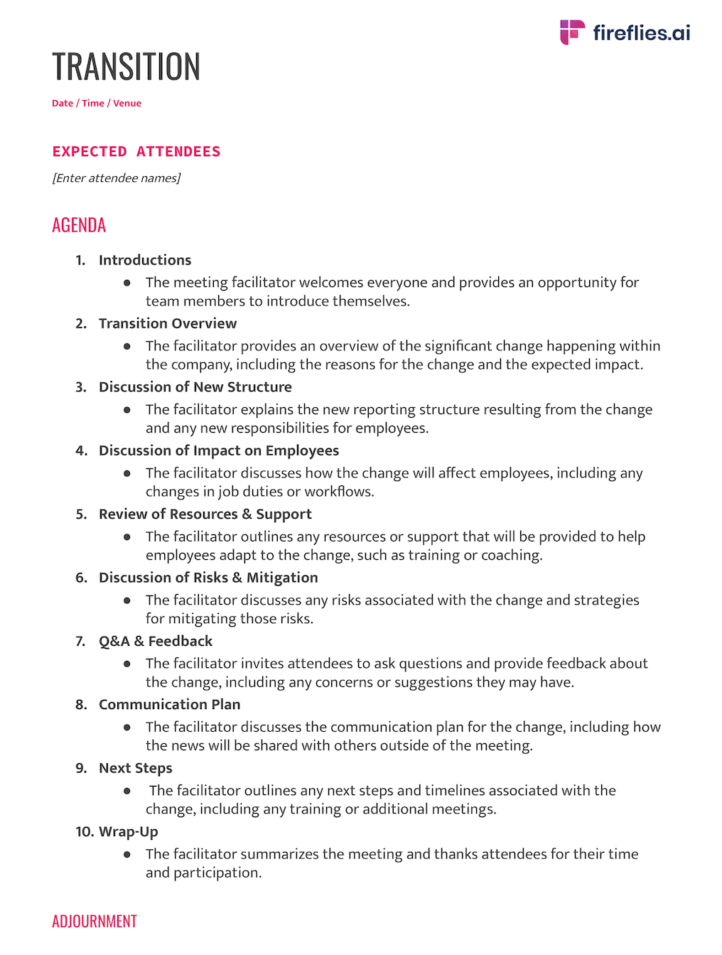 Transition meeting free agenda template