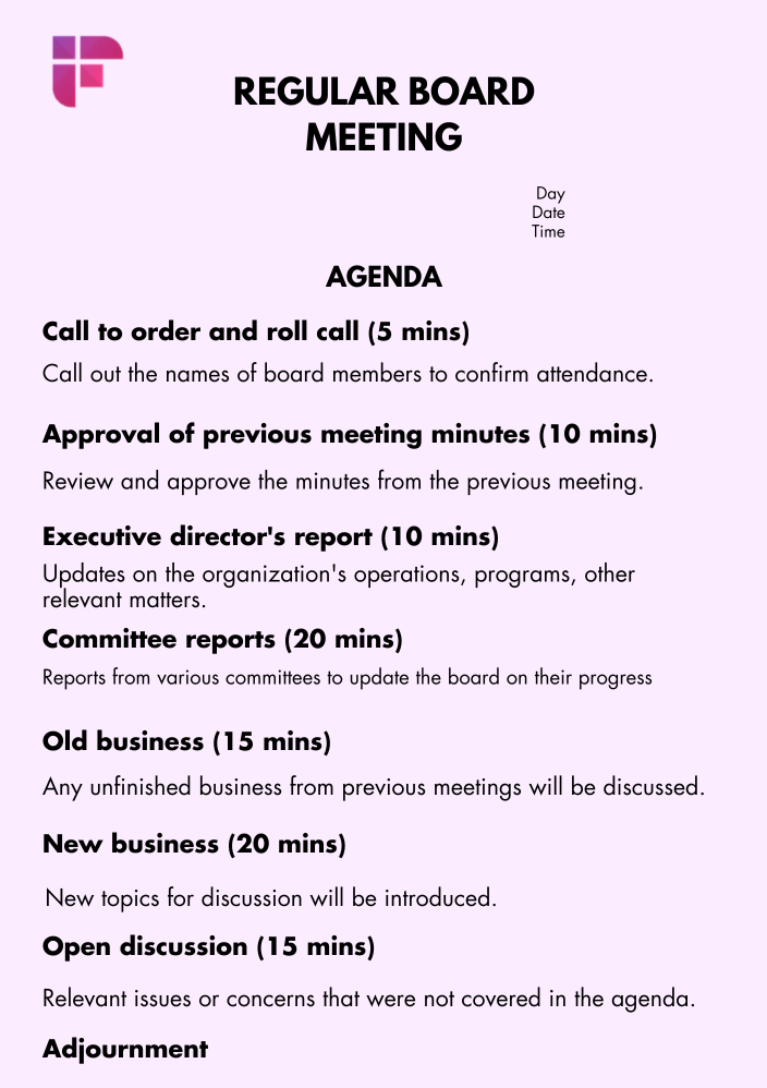 Regular board meeting agenda template