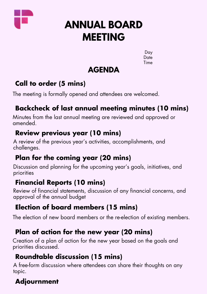 Annual board meeting agenda template