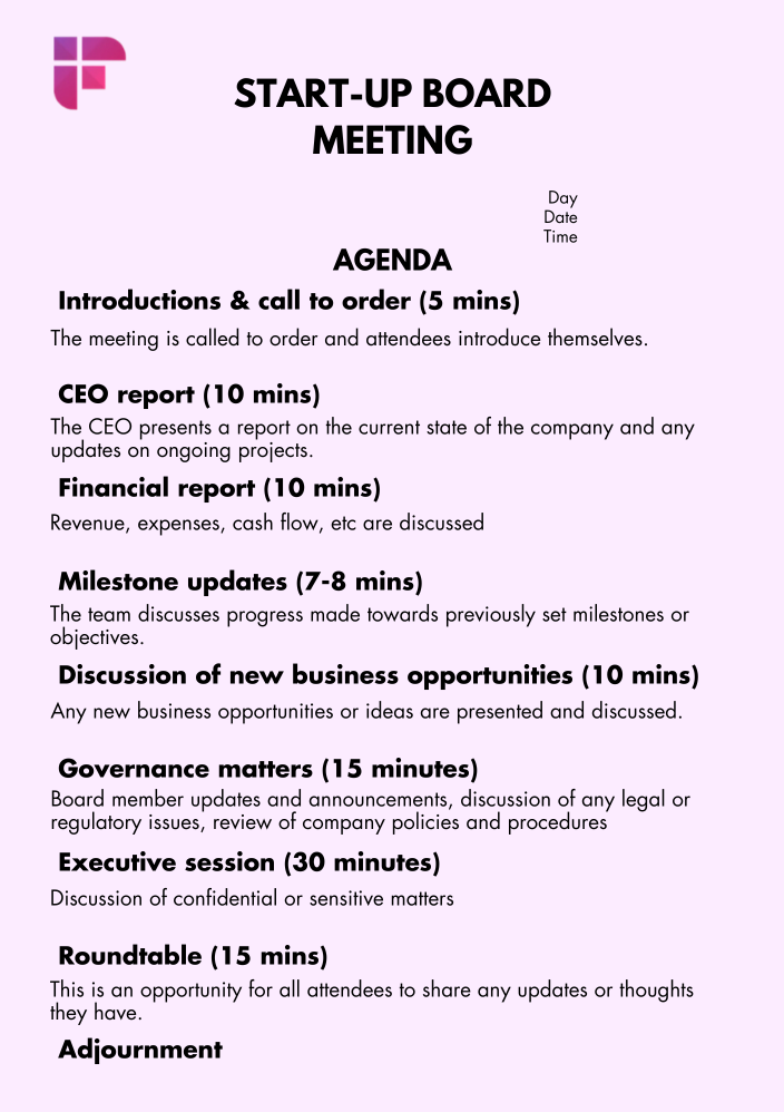 Start-up board meeting agenda template