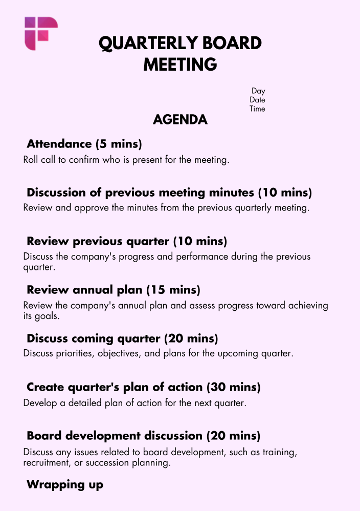 Quarterly board meeting agenda template