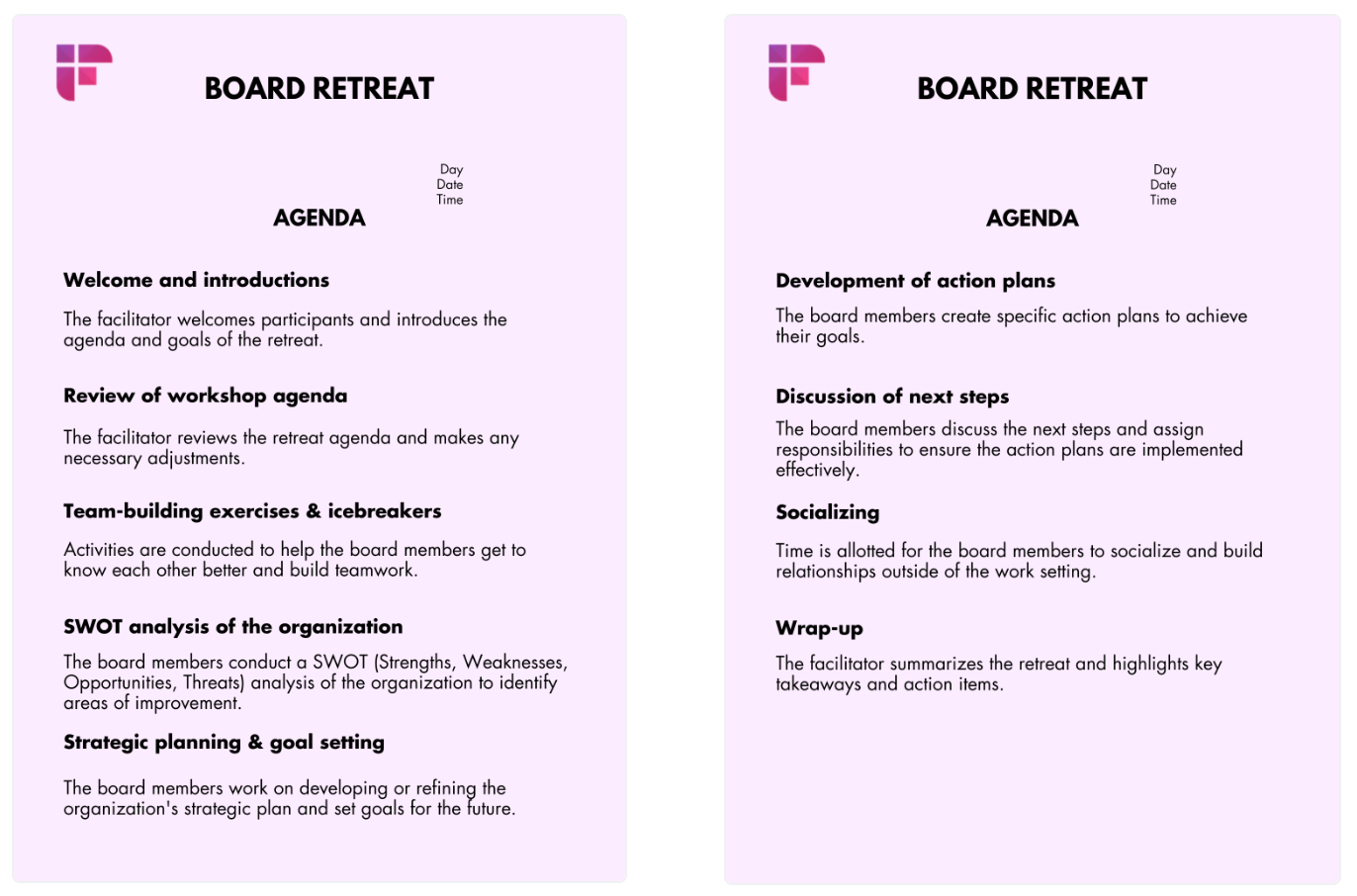 Board retreat meeting agenda template
