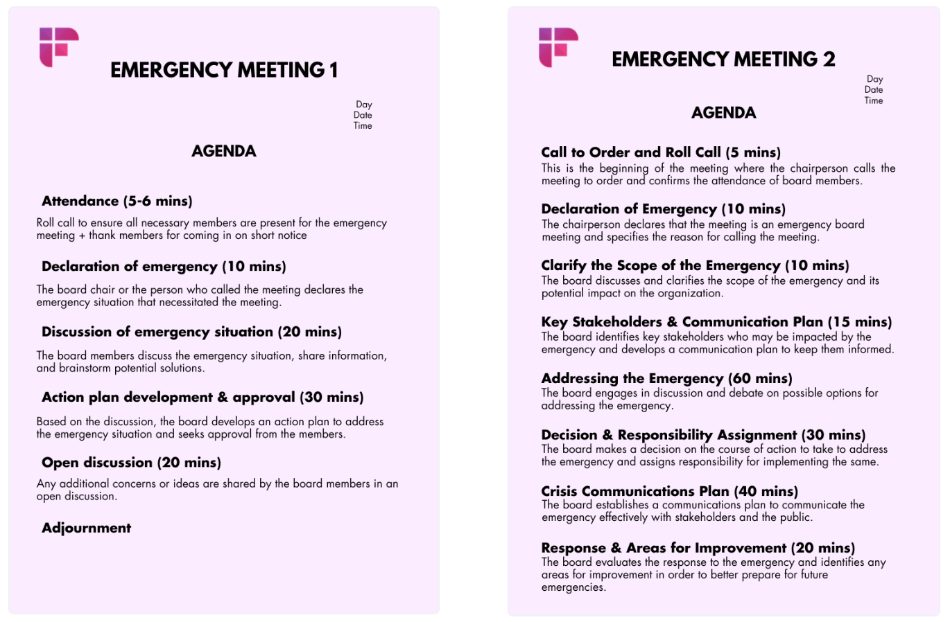 Emergency meeting templates