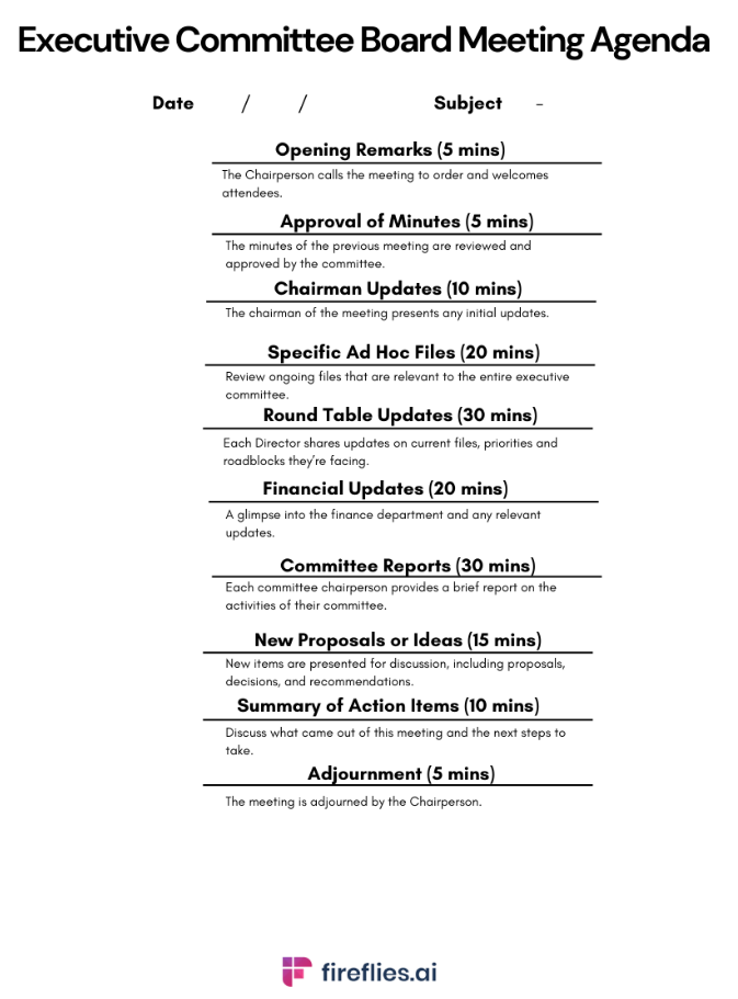 executive nonprofit board meeting agenda template