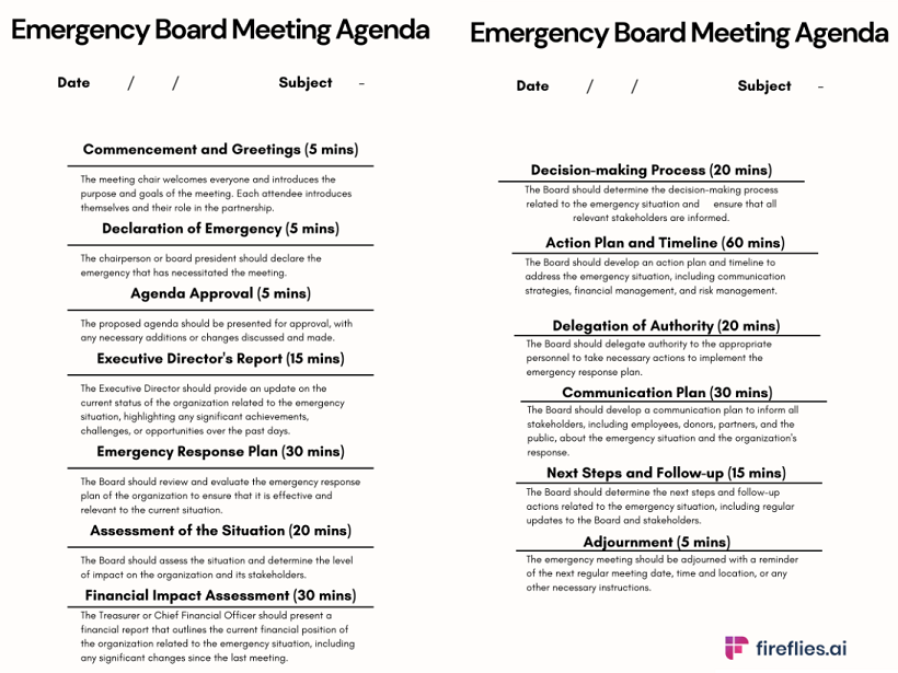 Emergency nonprofit board meeting agenda template