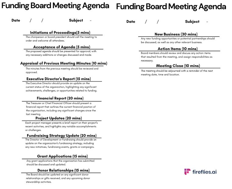 Funding board meeting agenda template