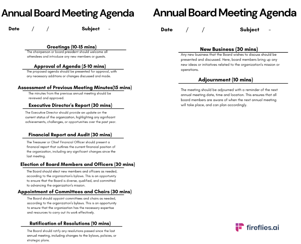 Annual board meeting agenda template