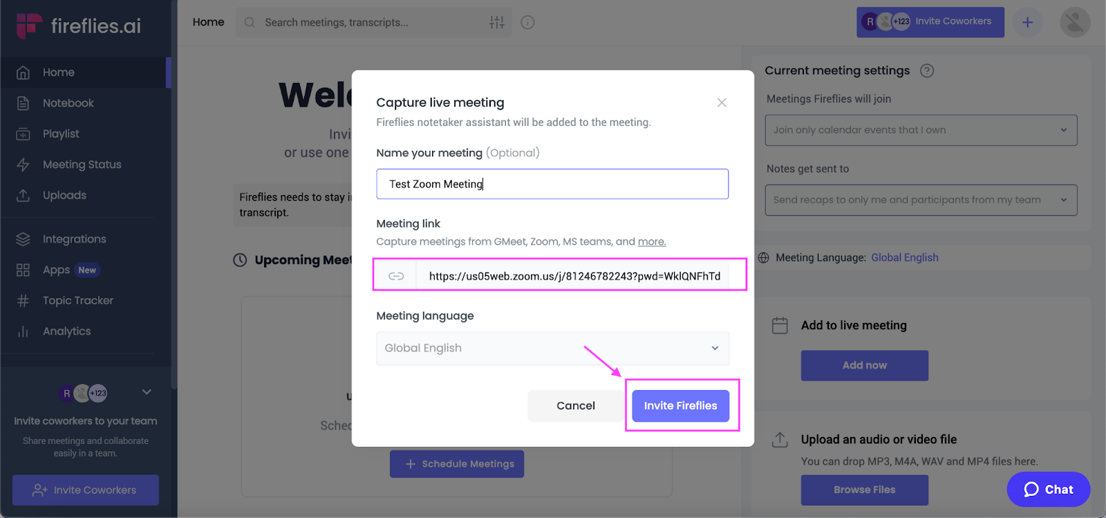 Use Fireflies to transcribe your Zoom meeting - Add Fireflies to live meeting