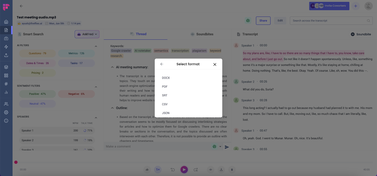 Transcribe meeting minutes - Select a format to download the transcript in