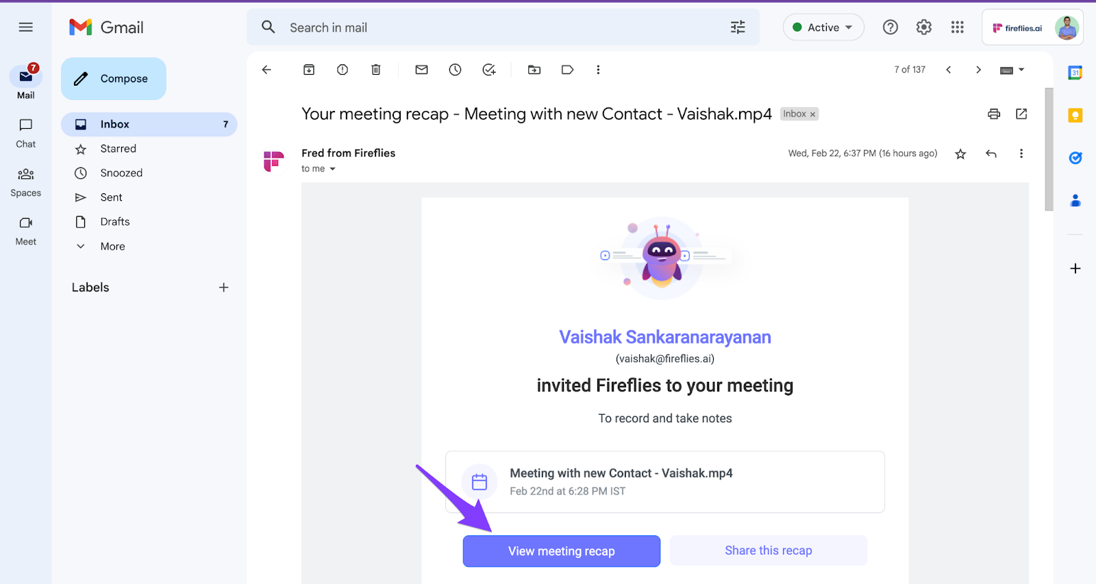 How to transcribe a meeting? meeting recap email from Fireflies