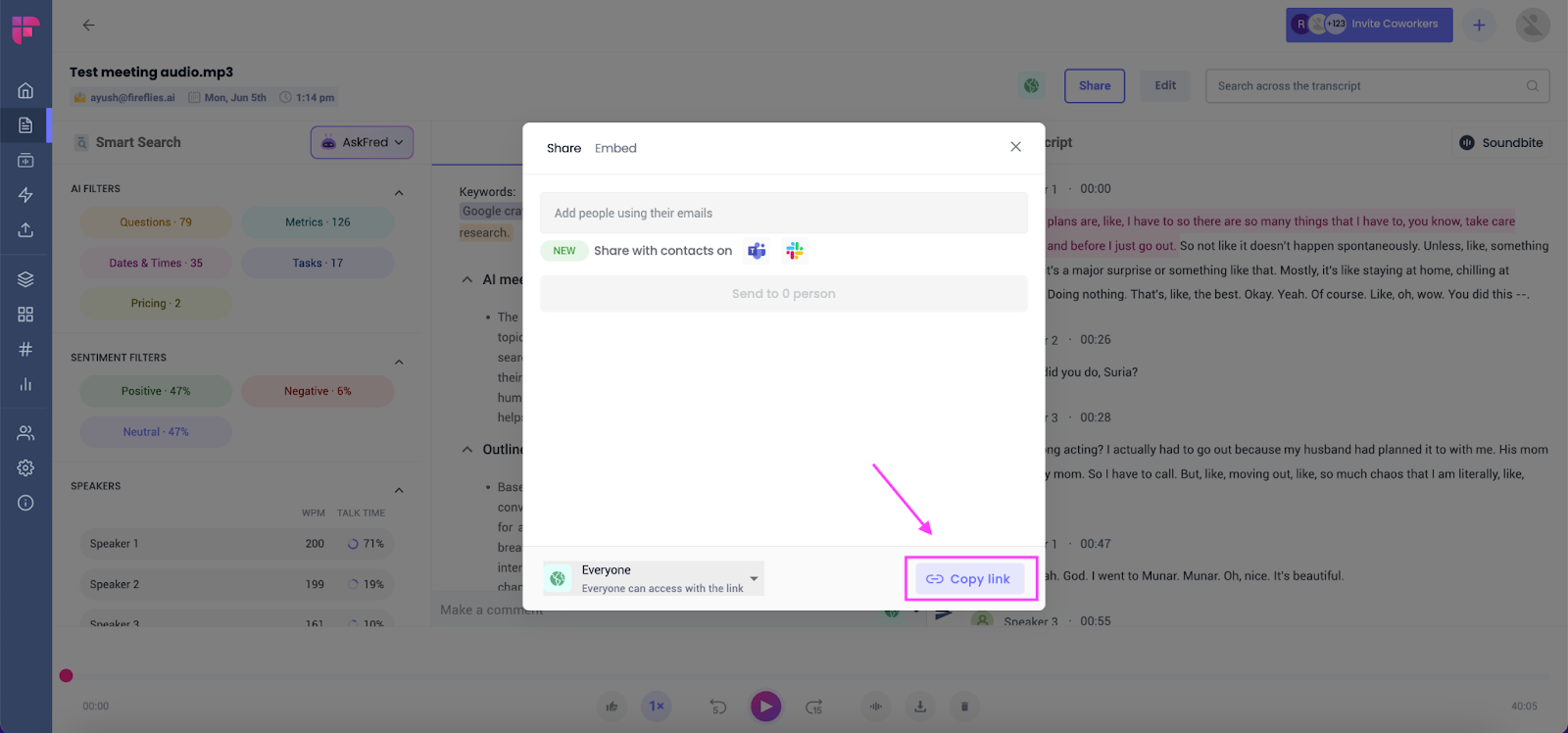 Transcribe meeting minutes - Manually share the transcript via link