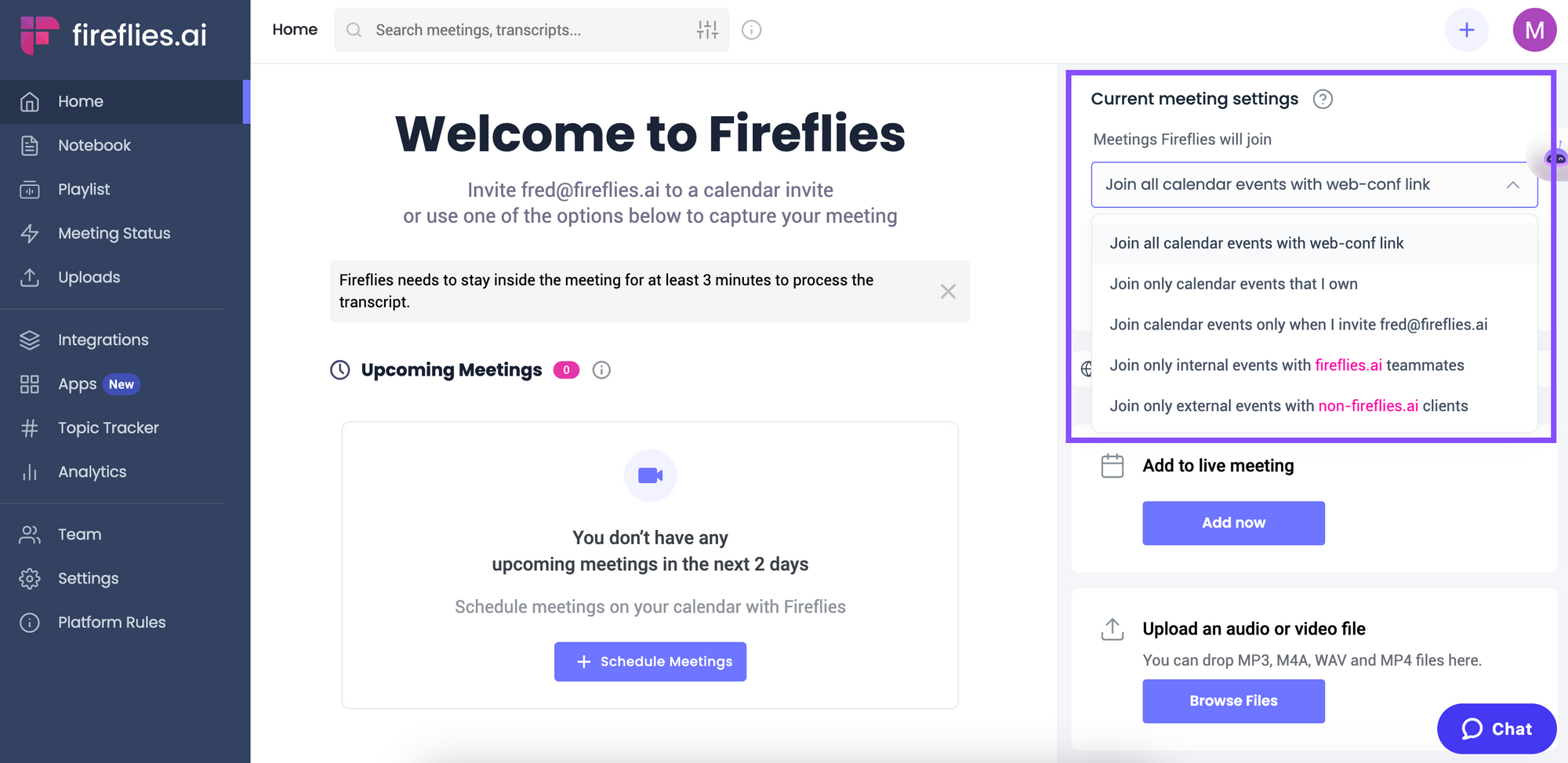 Fireflies meeting settings