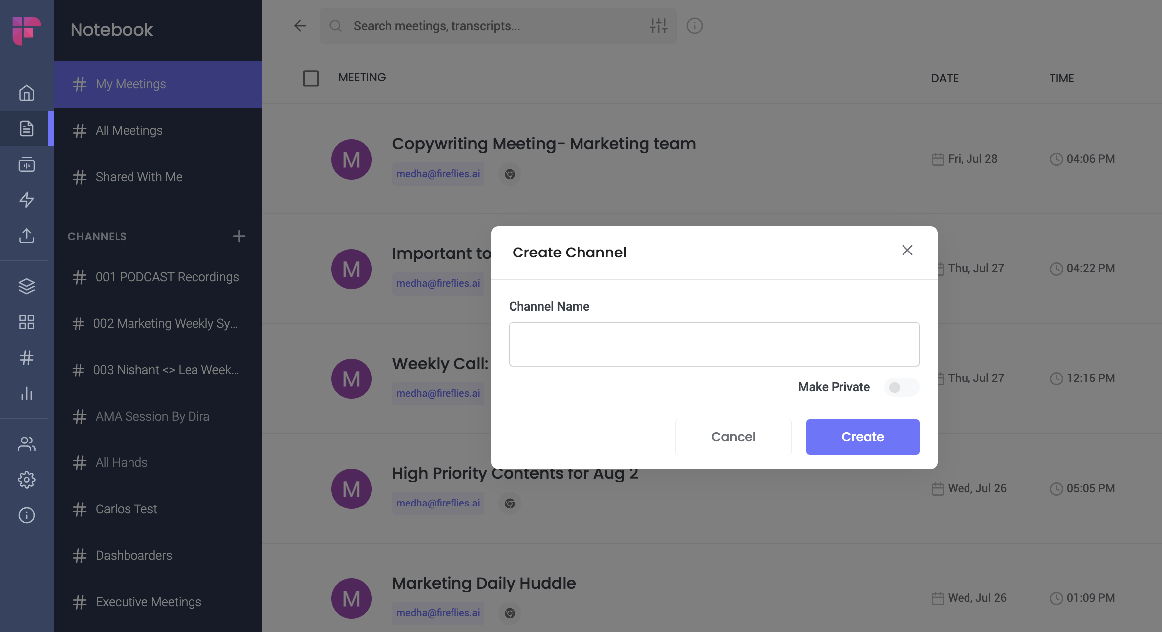 how to create Channels in Fireflies Notebook