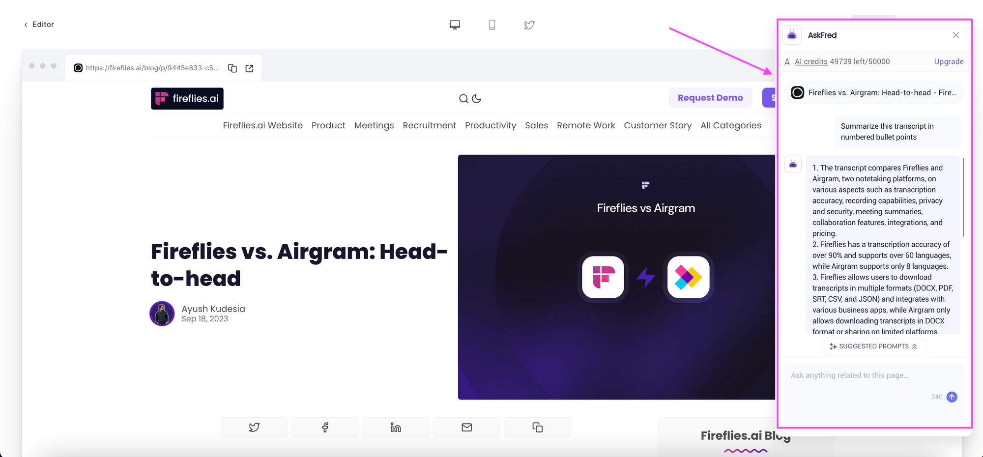 Fireflies vs. Airgram - AskFred summarizing Fireflies vs. Airgram comparision article